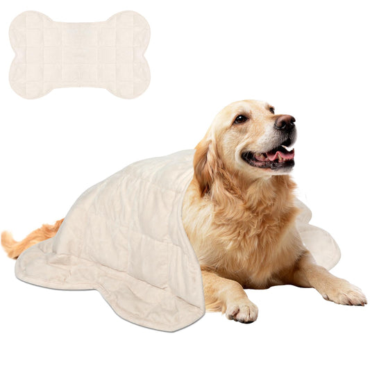 Gaivana 5lb soft bone-shaped weighted calming dog blanket in beige, 23x35 inches, machine washable, designed for small dogs.
