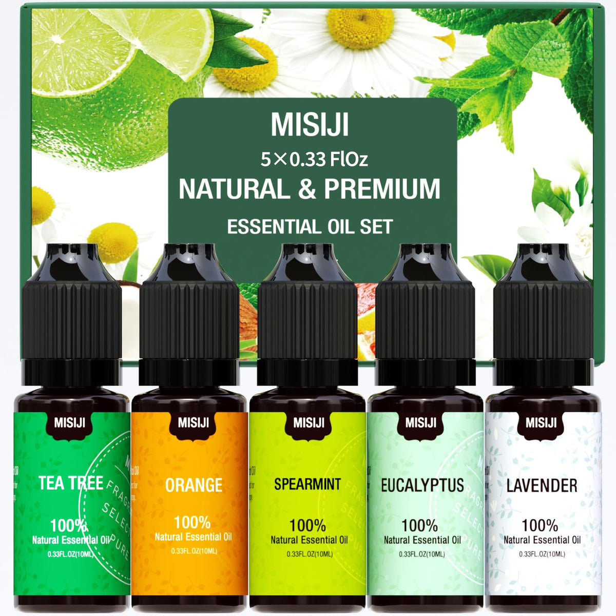 Essential Oils Set - Orange, Lavender, Spearmint, Eucalyptus, Globulus & Tea Tree Oil